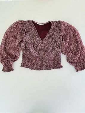 Abercrombie & Fitch Burgundy Floral Blouse Puffy Sleeves Smocked Cropped Top M
